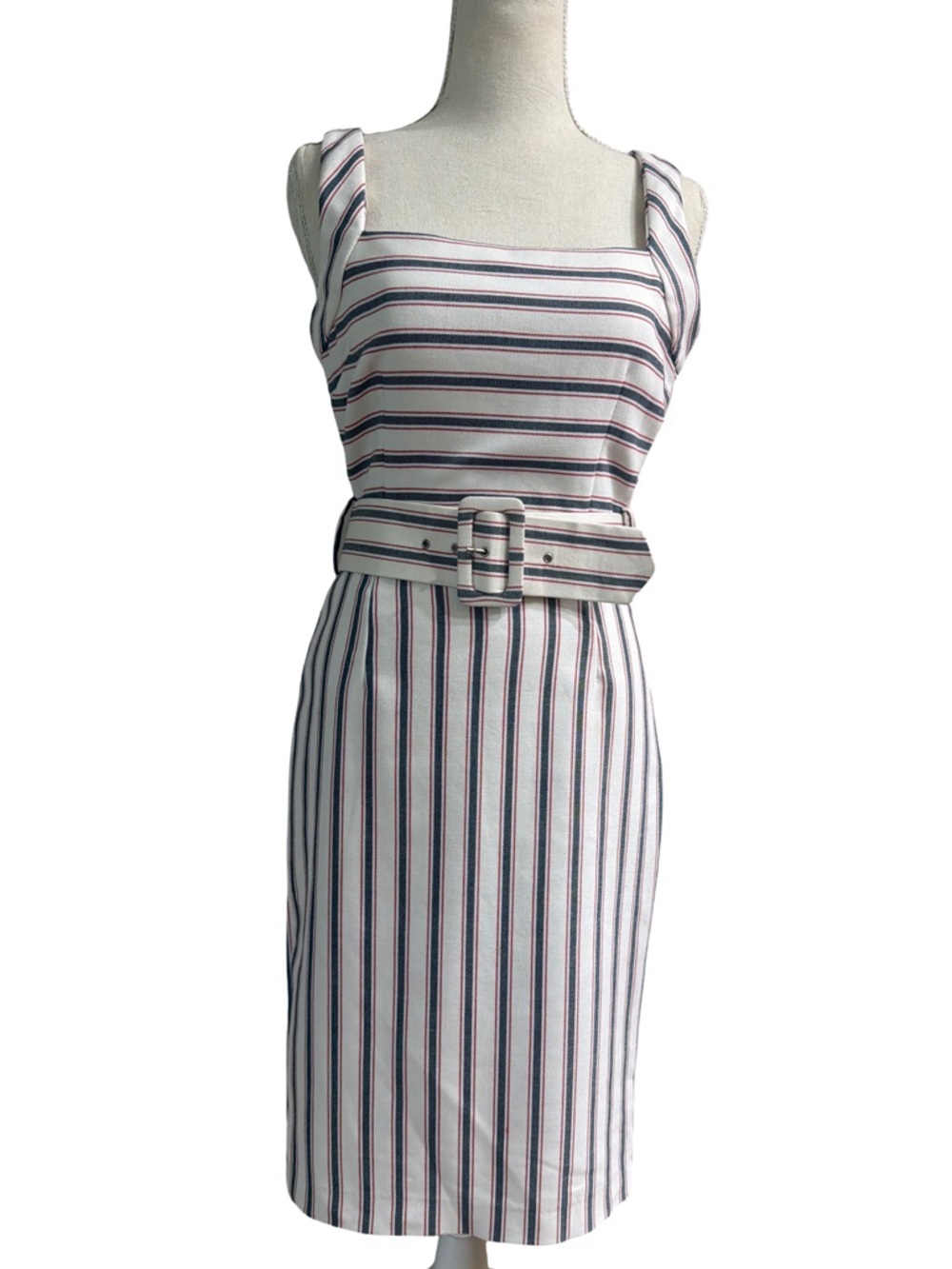 Zara White Striped Midi Dress with Navy and Red Accents Size Small
